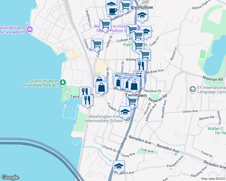 map of restaurants, bars, coffee shops, grocery stores, and more near 3 Windle Park in Tarrytown