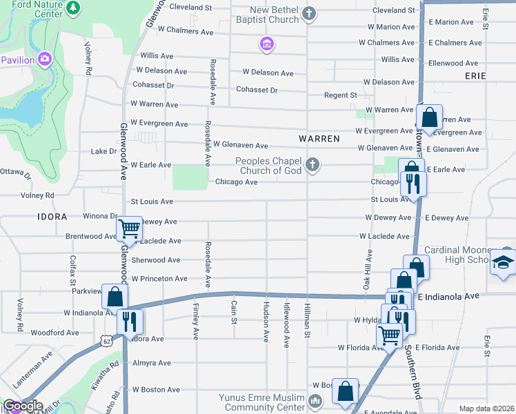 map of restaurants, bars, coffee shops, grocery stores, and more near 417 West Dewey Avenue in Youngstown