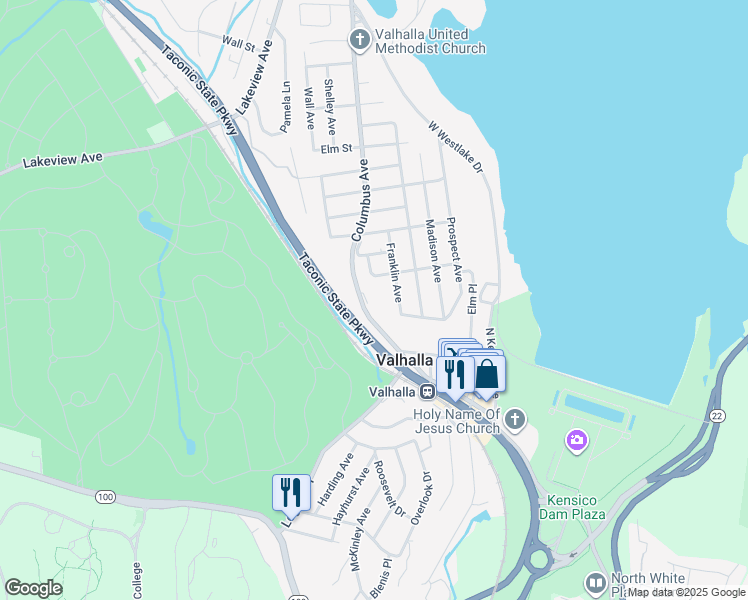 map of restaurants, bars, coffee shops, grocery stores, and more near 103 Franklin Avenue in Valhalla