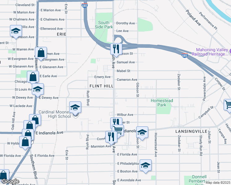 map of restaurants, bars, coffee shops, grocery stores, and more near 2311 South Avenue in Youngstown
