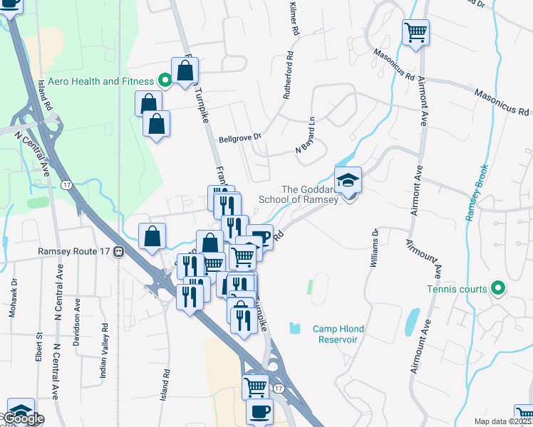 map of restaurants, bars, coffee shops, grocery stores, and more near 232 Mulberry Road in Ramsey