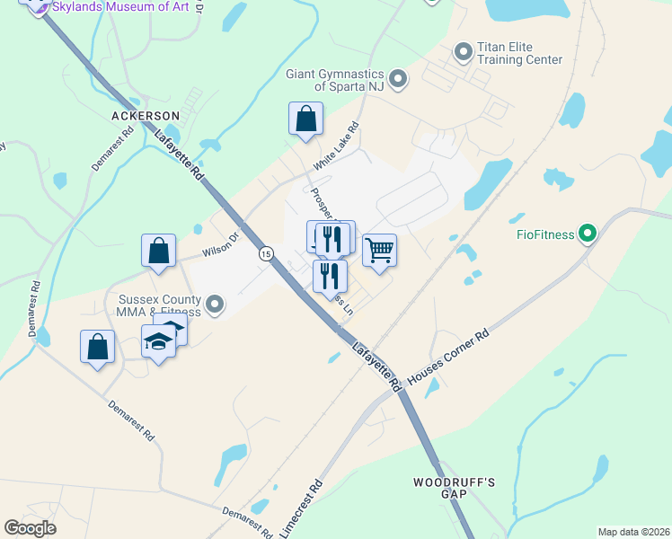 map of restaurants, bars, coffee shops, grocery stores, and more near 12 North Village Boulevard in Sparta