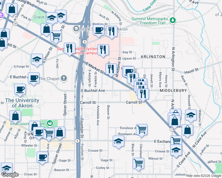 map of restaurants, bars, coffee shops, grocery stores, and more near 578 East Market Street in Akron