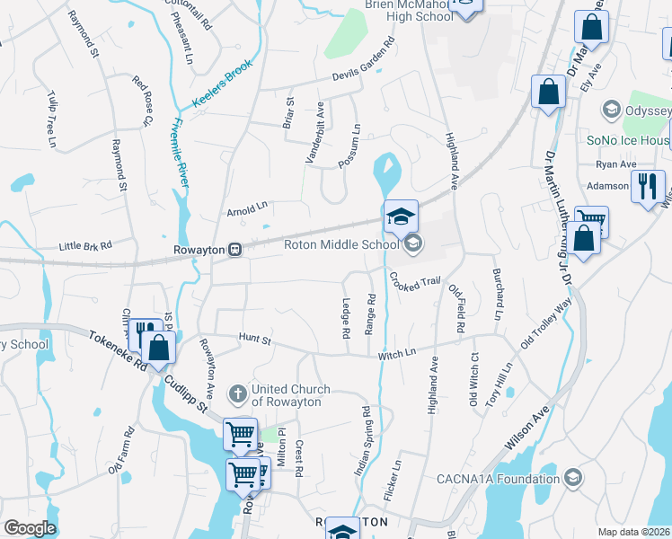 map of restaurants, bars, coffee shops, grocery stores, and more near 74 Crooked Trail Road in Norwalk