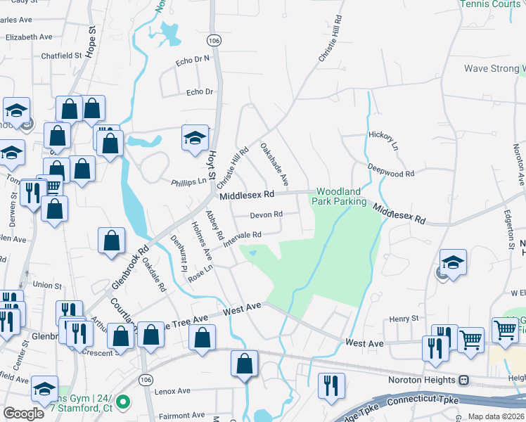 map of restaurants, bars, coffee shops, grocery stores, and more near 62 Middlesex Road in Darien