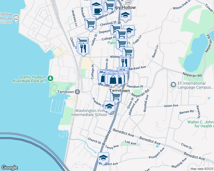 map of restaurants, bars, coffee shops, grocery stores, and more near 15 North Washington Street in Tarrytown