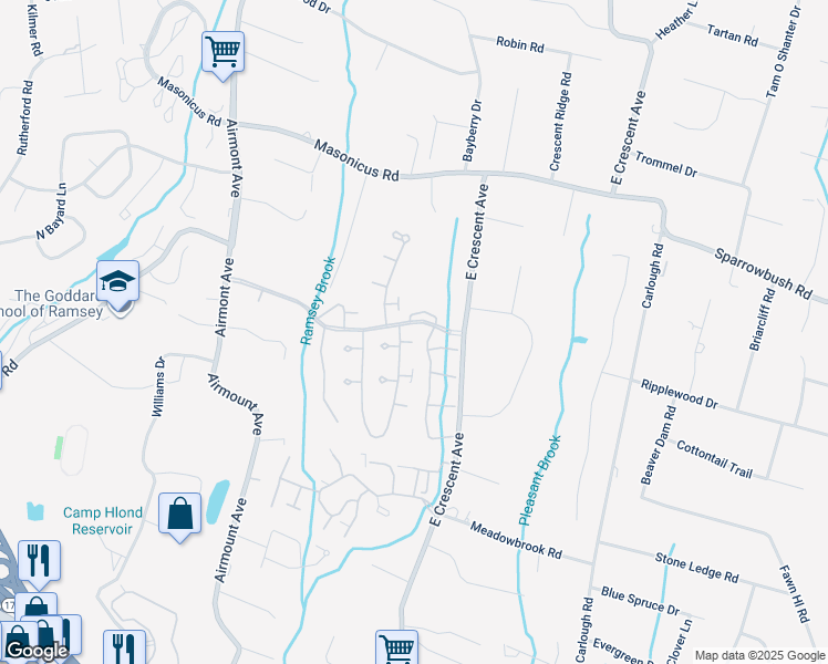 map of restaurants, bars, coffee shops, grocery stores, and more near 400 Apple Ridge Boulevard in Mahwah
