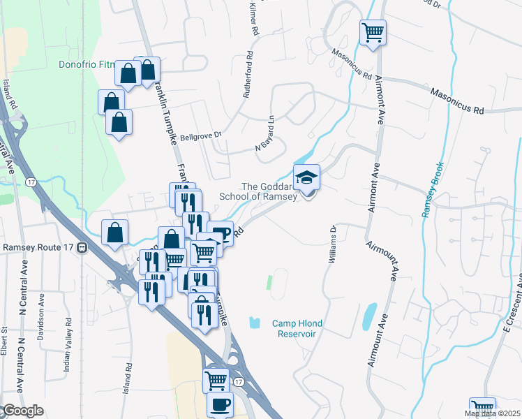map of restaurants, bars, coffee shops, grocery stores, and more near 120 Magnolia Road in Ramsey