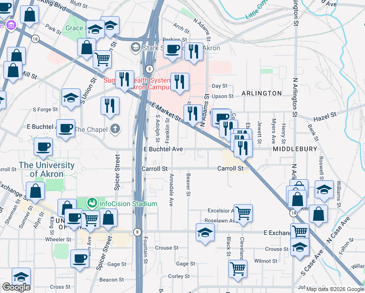 map of restaurants, bars, coffee shops, grocery stores, and more near 40 Spruce Street in Akron