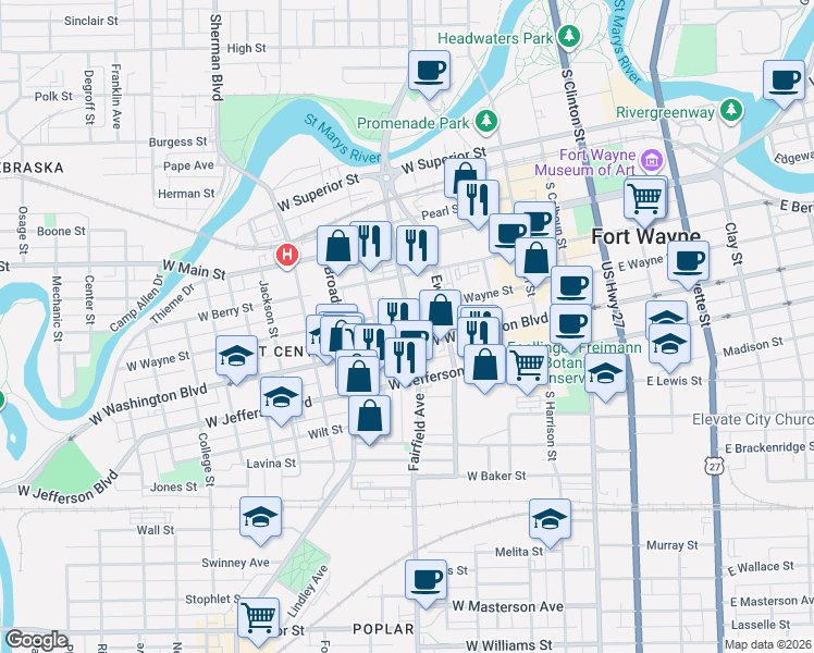 map of restaurants, bars, coffee shops, grocery stores, and more near 434 West Wayne Street in Fort Wayne