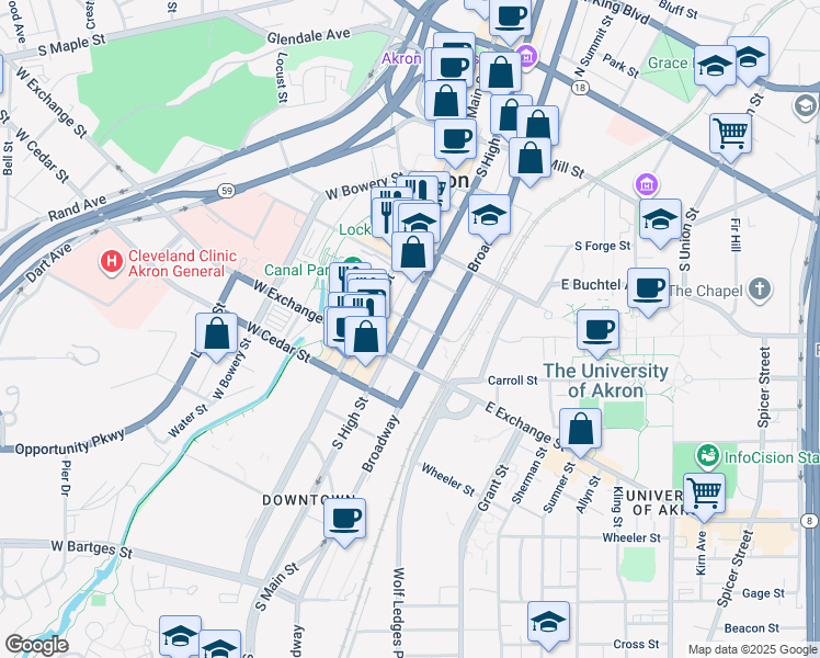 map of restaurants, bars, coffee shops, grocery stores, and more near 294 South High Street in Akron