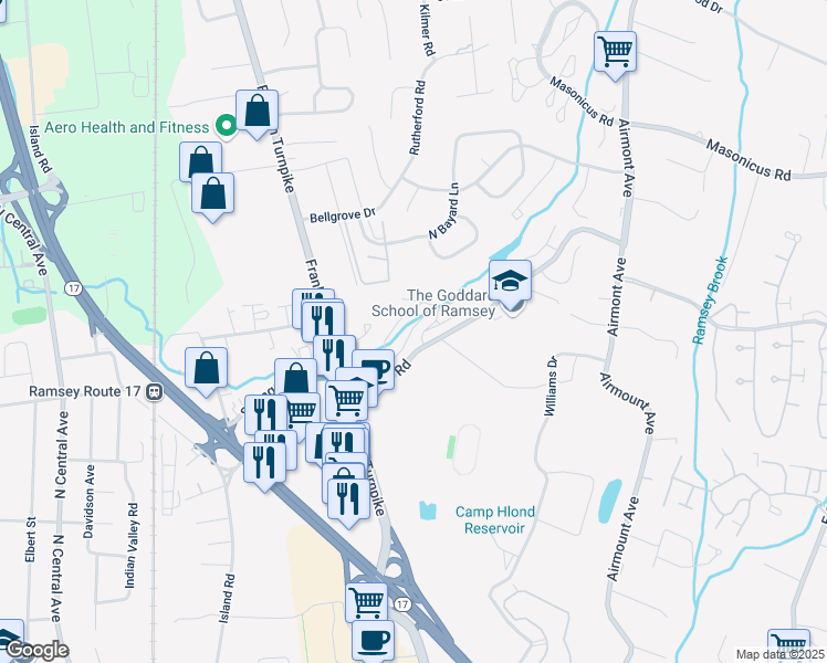map of restaurants, bars, coffee shops, grocery stores, and more near 210 Magnolia Road in Ramsey