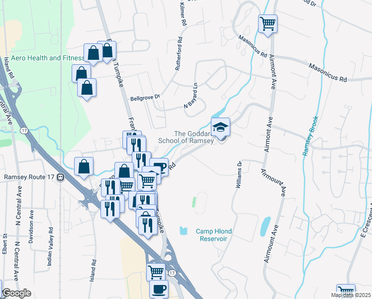 map of restaurants, bars, coffee shops, grocery stores, and more near 120 Magnolia Road in Ramsey