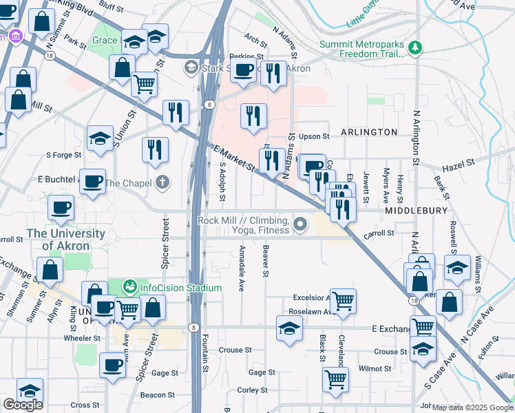 map of restaurants, bars, coffee shops, grocery stores, and more near 40 Spruce Street in Akron