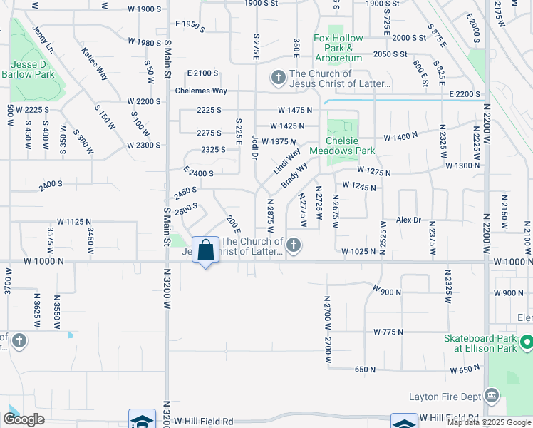 map of restaurants, bars, coffee shops, grocery stores, and more near 1147 Brady Way in Layton
