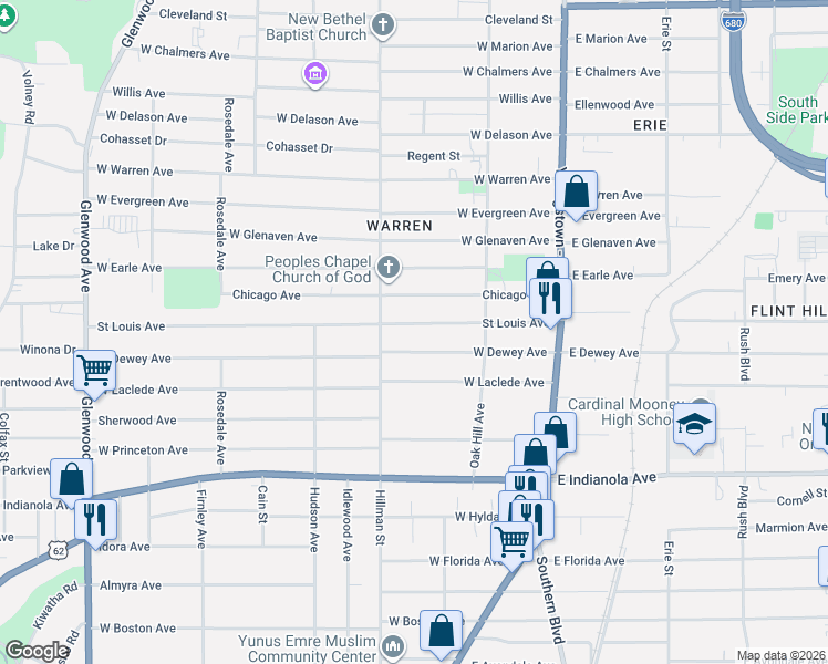 map of restaurants, bars, coffee shops, grocery stores, and more near 169 Chicago Avenue in Youngstown