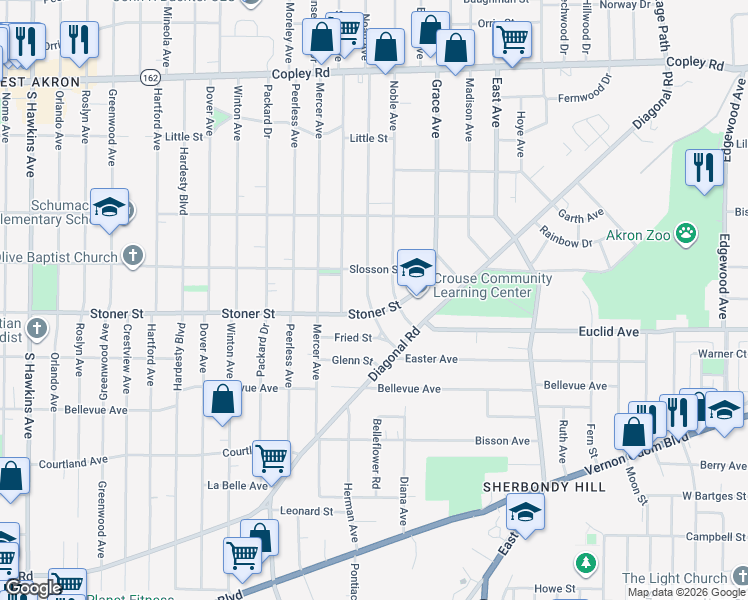 map of restaurants, bars, coffee shops, grocery stores, and more near 757 Noah Avenue in Akron