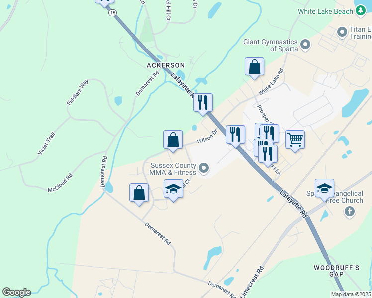 map of restaurants, bars, coffee shops, grocery stores, and more near 5 Gail Court in Sparta