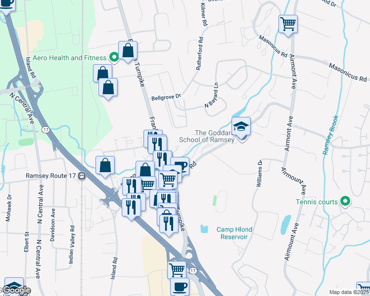 map of restaurants, bars, coffee shops, grocery stores, and more near 232 Mulberry Road in Ramsey