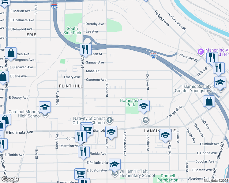 map of restaurants, bars, coffee shops, grocery stores, and more near 730 Pasadena Avenue in Youngstown