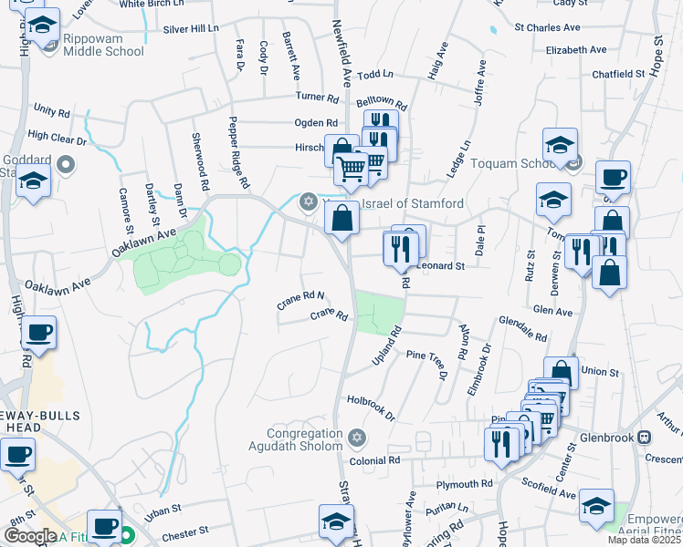 map of restaurants, bars, coffee shops, grocery stores, and more near 500 Newfield Avenue in Stamford