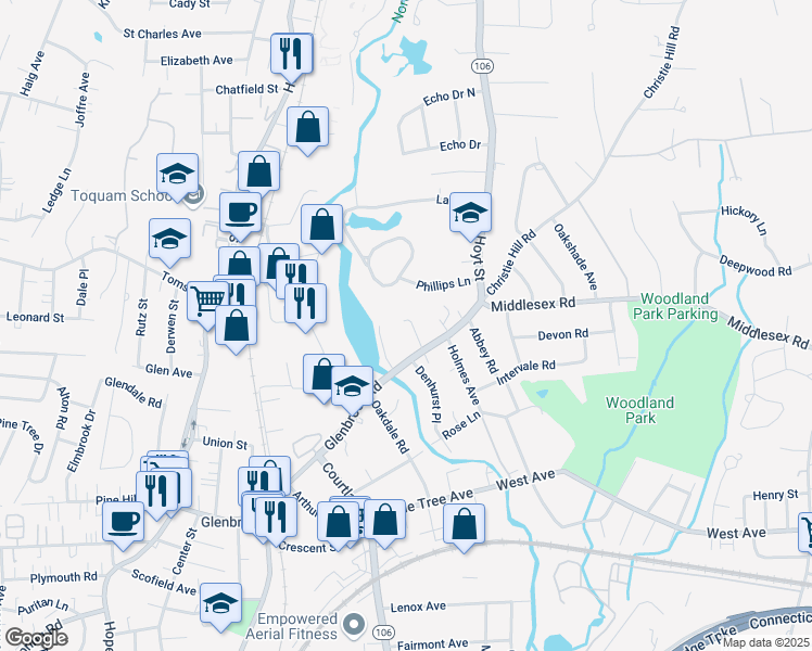 map of restaurants, bars, coffee shops, grocery stores, and more near 4 Red Barn Road in Darien