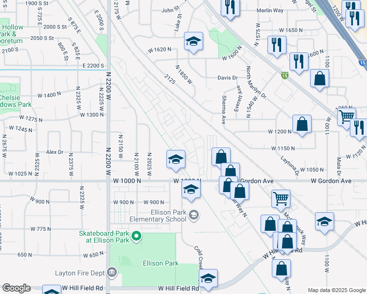 map of restaurants, bars, coffee shops, grocery stores, and more near 1211 North 1875 West in Layton