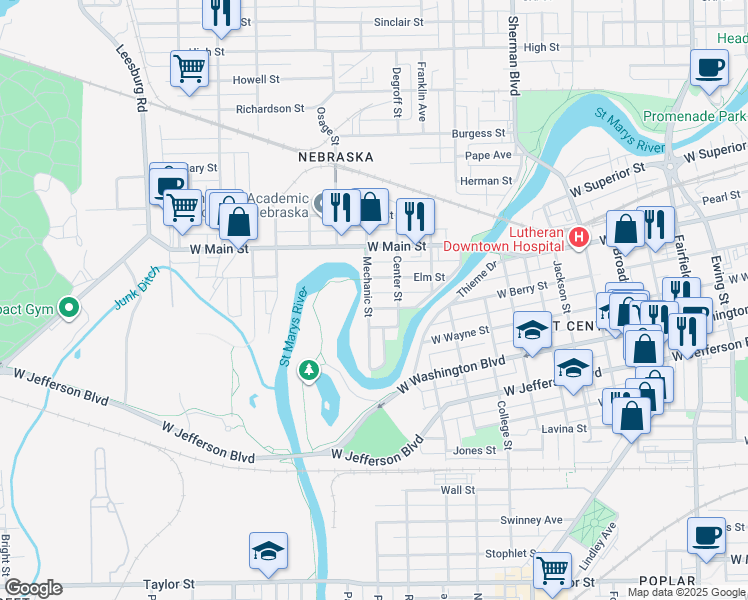 map of restaurants, bars, coffee shops, grocery stores, and more near 1330 Huron Street in Fort Wayne
