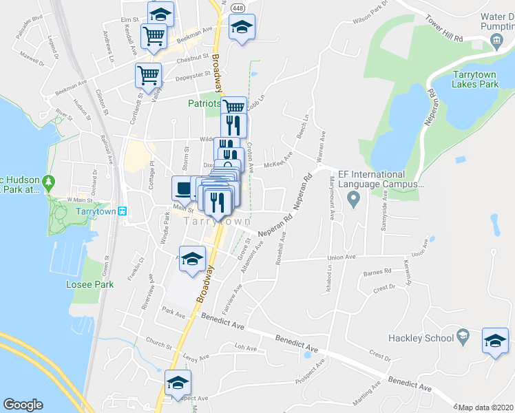 map of restaurants, bars, coffee shops, grocery stores, and more near 59 Legrande Avenue in Tarrytown
