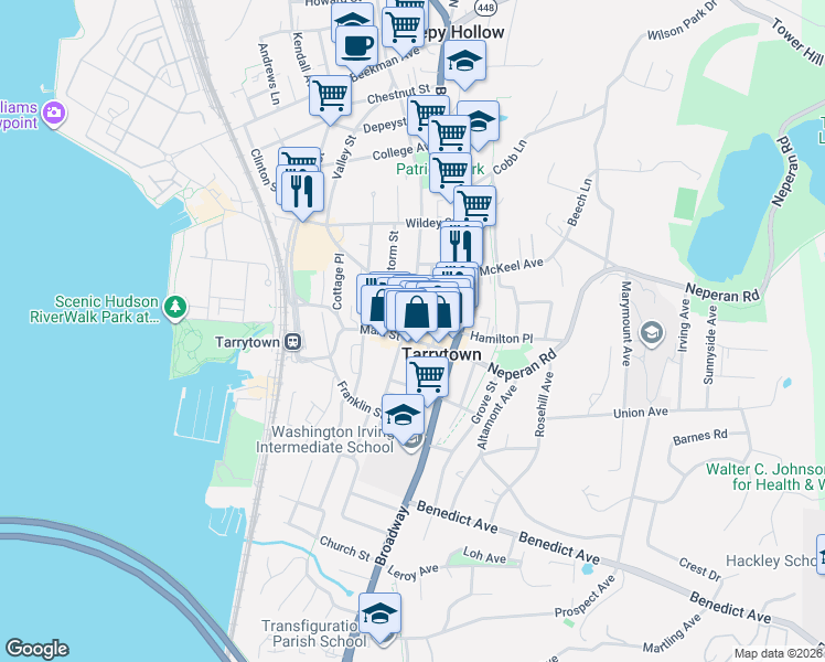 map of restaurants, bars, coffee shops, grocery stores, and more near 15 North Washington Street in Tarrytown