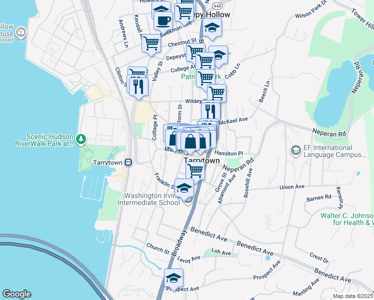 map of restaurants, bars, coffee shops, grocery stores, and more near 15 North Washington Street in Tarrytown