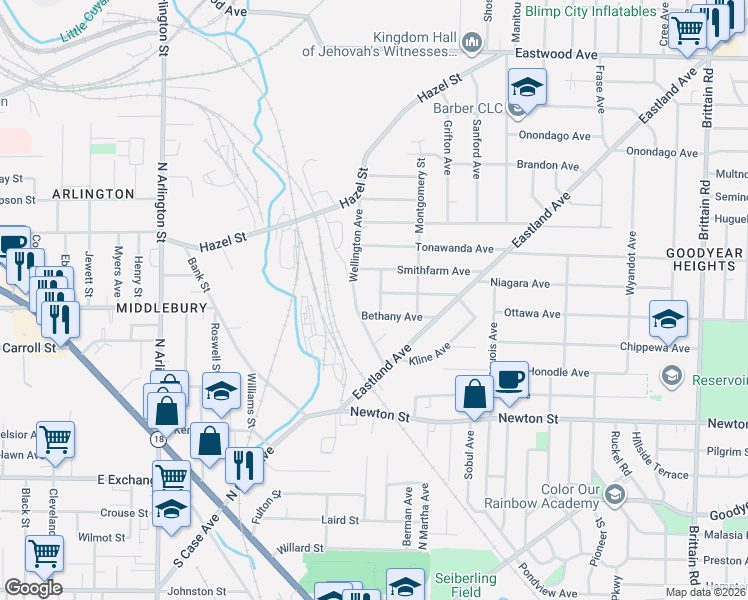 map of restaurants, bars, coffee shops, grocery stores, and more near 484 Keck Street in Akron