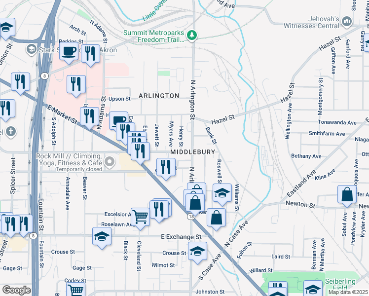 map of restaurants, bars, coffee shops, grocery stores, and more near 190 North Arlington Street in Akron