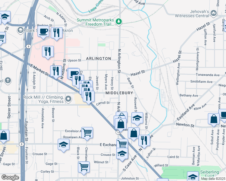 map of restaurants, bars, coffee shops, grocery stores, and more near 121 Myers Avenue in Akron