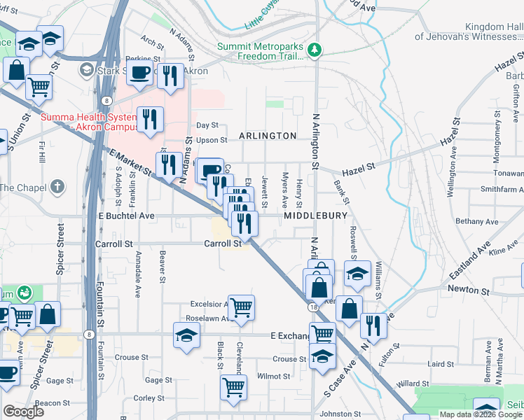 map of restaurants, bars, coffee shops, grocery stores, and more near 61 Jewett Street in Akron