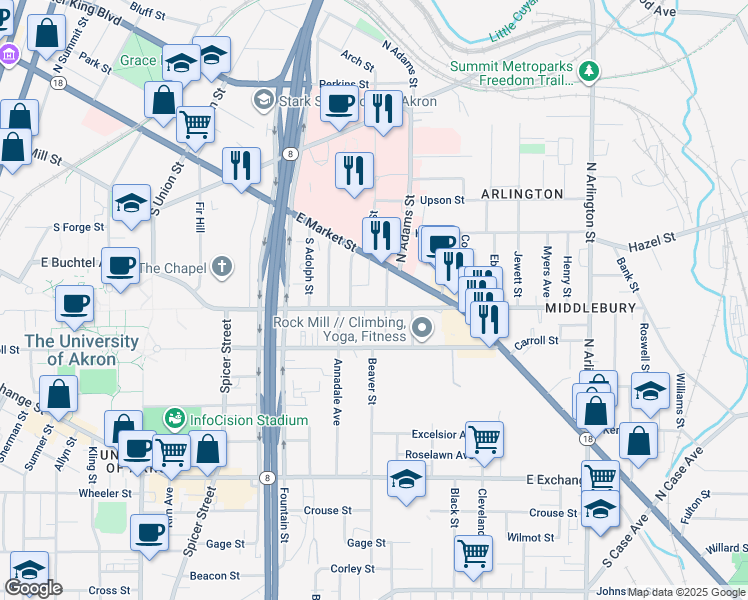 map of restaurants, bars, coffee shops, grocery stores, and more near 578 East Market Street in Akron
