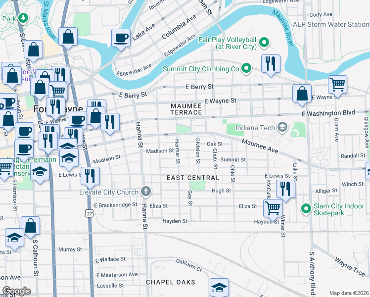 map of restaurants, bars, coffee shops, grocery stores, and more near 922 East Jefferson Boulevard in Fort Wayne