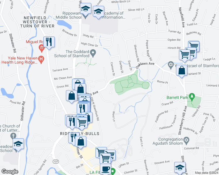 map of restaurants, bars, coffee shops, grocery stores, and more near 15 Stanwick Place in Stamford