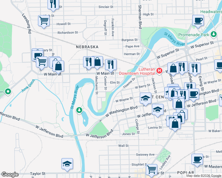 map of restaurants, bars, coffee shops, grocery stores, and more near 1237 Elm Street in Fort Wayne