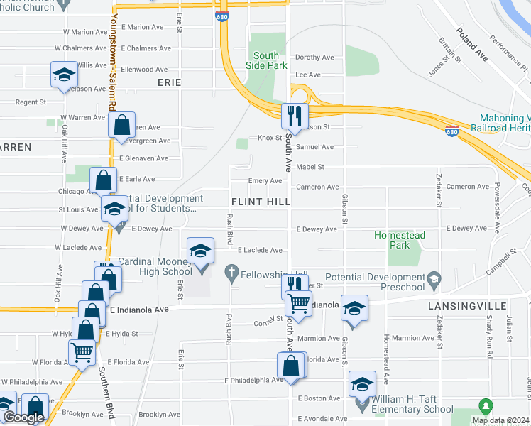 map of restaurants, bars, coffee shops, grocery stores, and more near 425 Pasadena Avenue in Youngstown