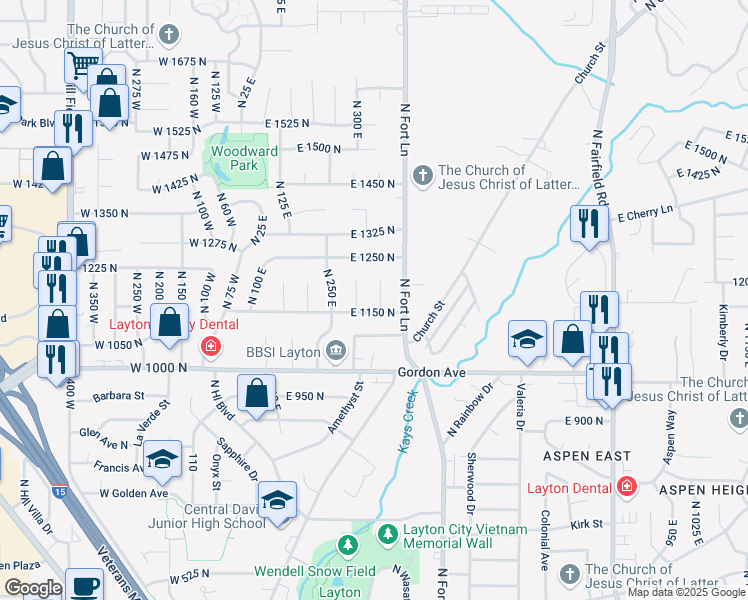 map of restaurants, bars, coffee shops, grocery stores, and more near 1171 North 350 East in Layton