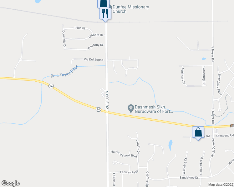 map of restaurants, bars, coffee shops, grocery stores, and more near 611 West County Line Road South in Fort Wayne