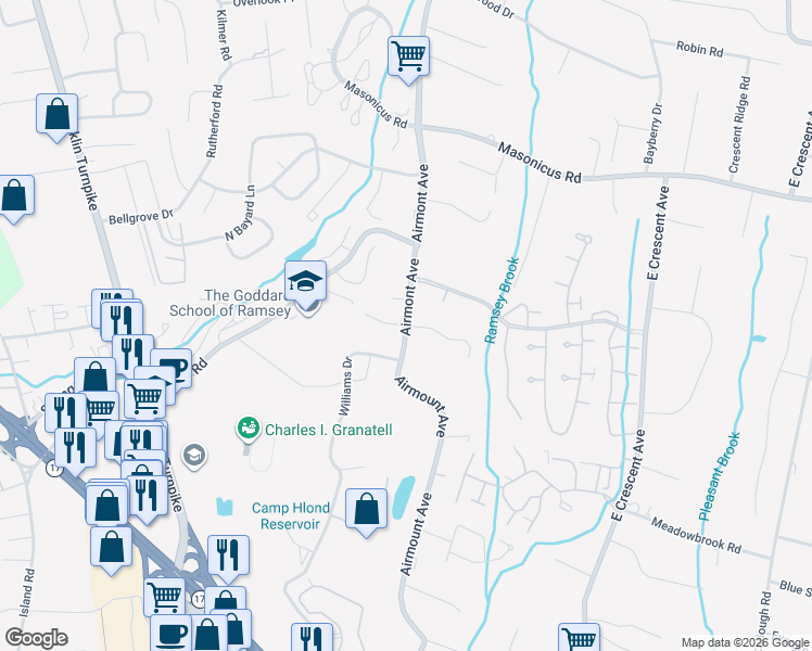 map of restaurants, bars, coffee shops, grocery stores, and more near Pelz Farm Court & Country Lane in Mahwah