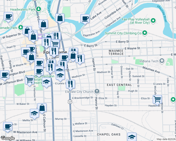map of restaurants, bars, coffee shops, grocery stores, and more near 1117 Monroe Street in Fort Wayne