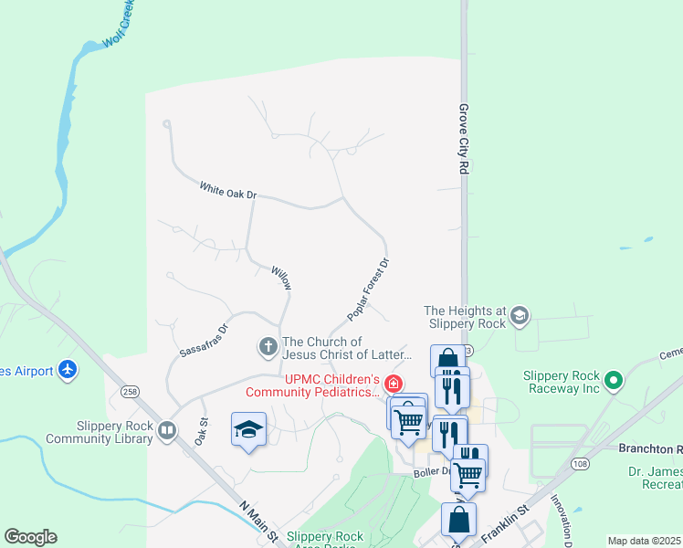 map of restaurants, bars, coffee shops, grocery stores, and more near 107 Poplar Forest Drive in Slippery Rock