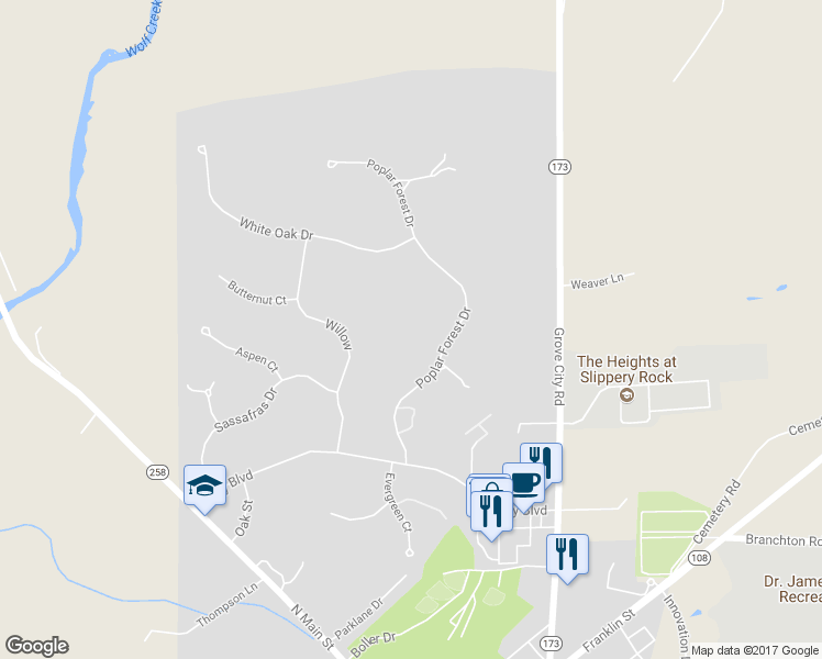 map of restaurants, bars, coffee shops, grocery stores, and more near 107 Poplar Forest Drive in Slippery Rock