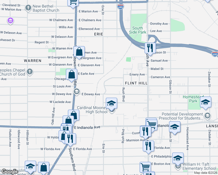 map of restaurants, bars, coffee shops, grocery stores, and more near 220 Pasadena Avenue in Youngstown
