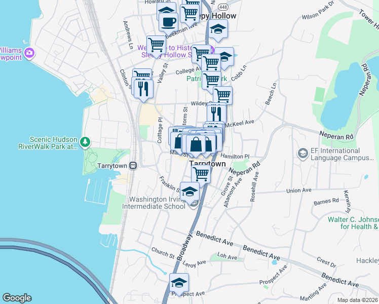 map of restaurants, bars, coffee shops, grocery stores, and more near 15 North Washington Street in Tarrytown