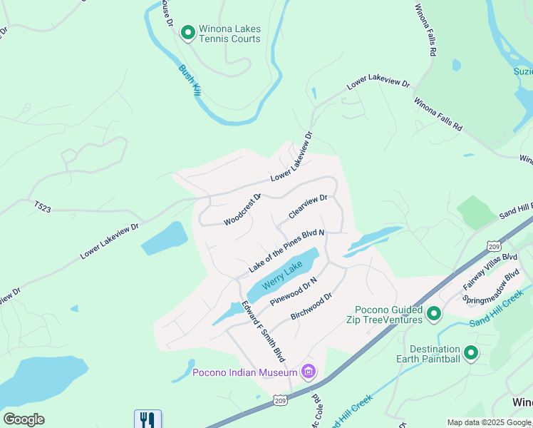 map of restaurants, bars, coffee shops, grocery stores, and more near 125 Briarwood Road in East Stroudsburg