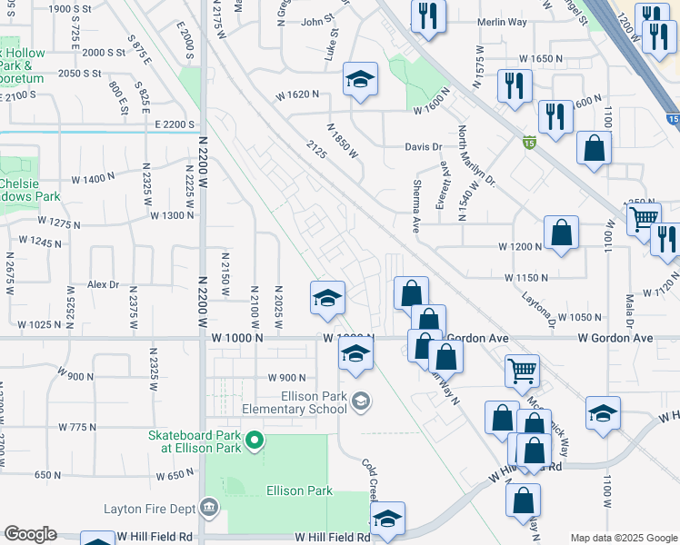 map of restaurants, bars, coffee shops, grocery stores, and more near 1219 North 1875 West in Layton